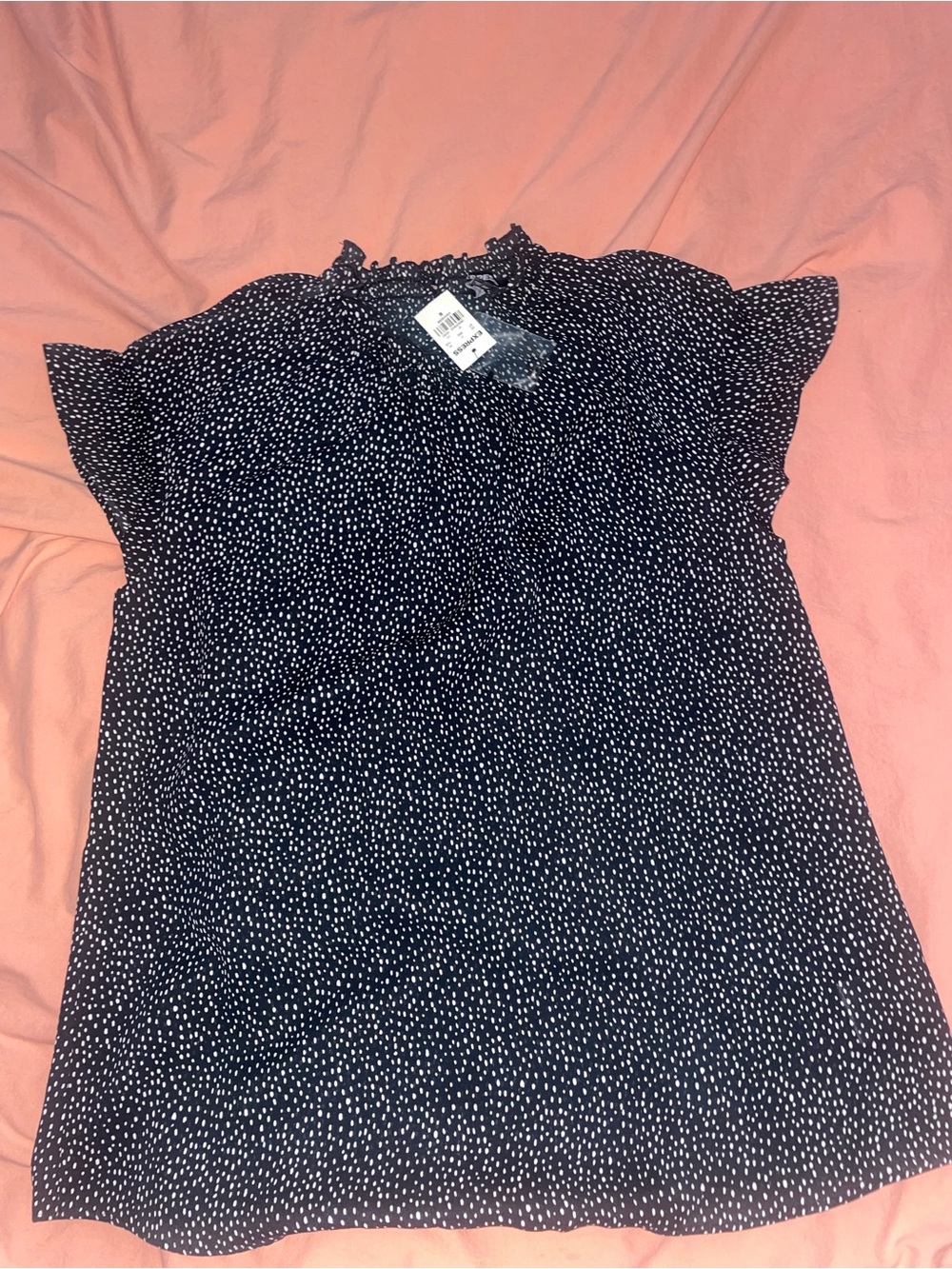 Express Black Top with White Dot Print and Flutter Sleeves